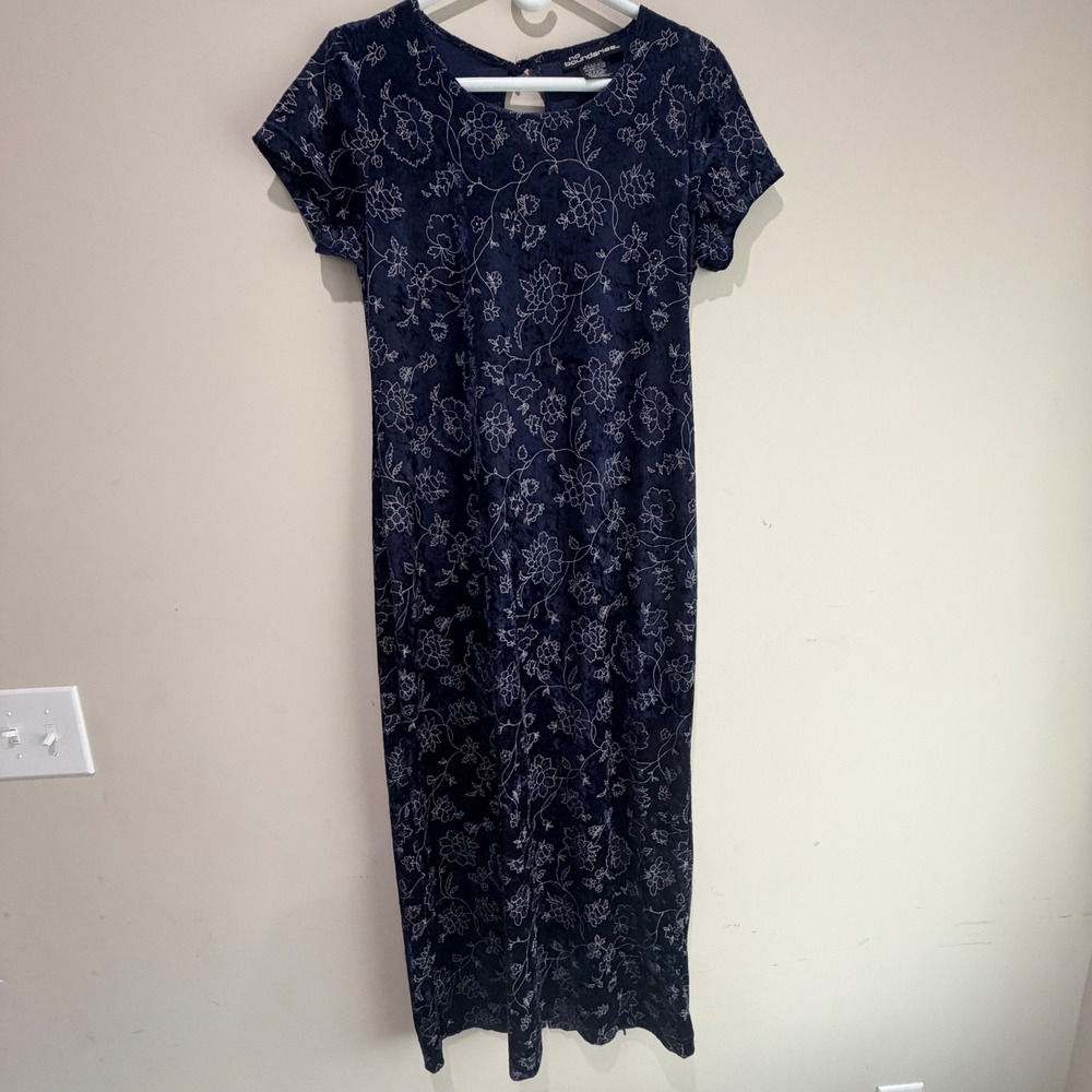 Y2K No Boundaries Maxi Dress Womens M Blue Floral Velvet Stretch Whimsigoth
